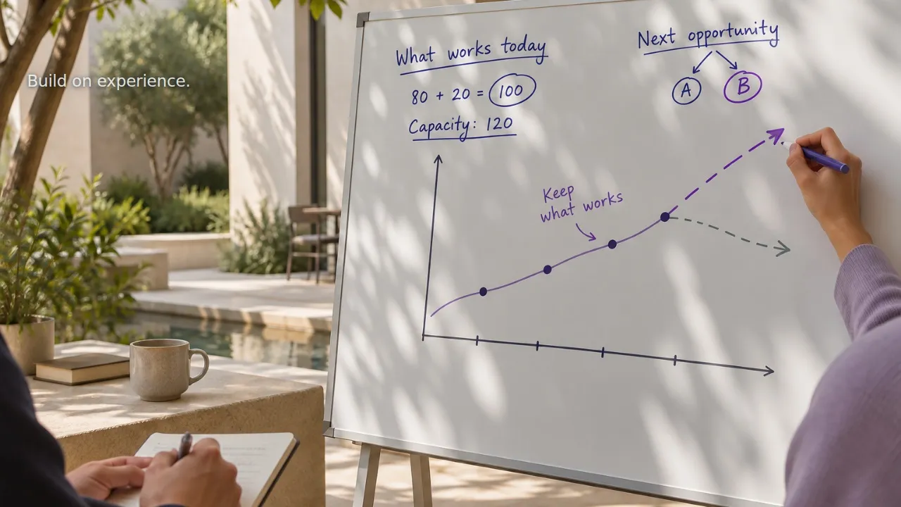 Colleagues at a sunlit whiteboard, reviewing handwritten workings and two options.
