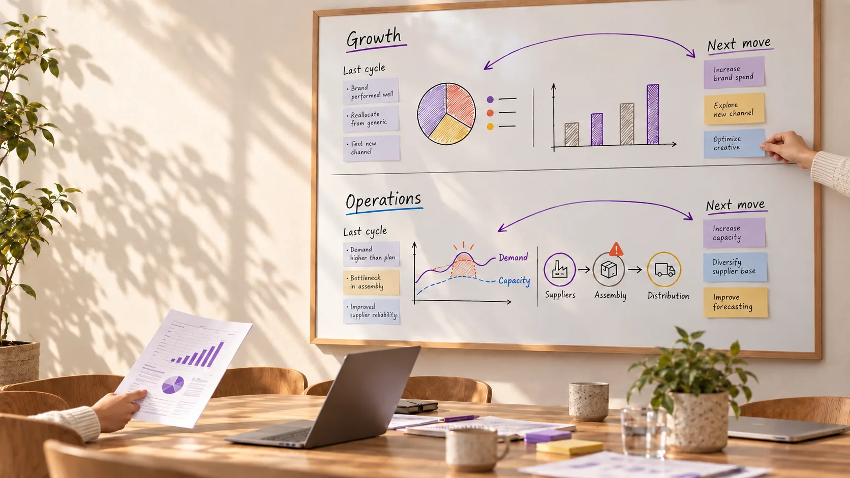 A sunlit whiteboard in two halves, Growth and Operations, each running from last cycle to next move in hand-drawn charts and sticky notes, a hand placing one.