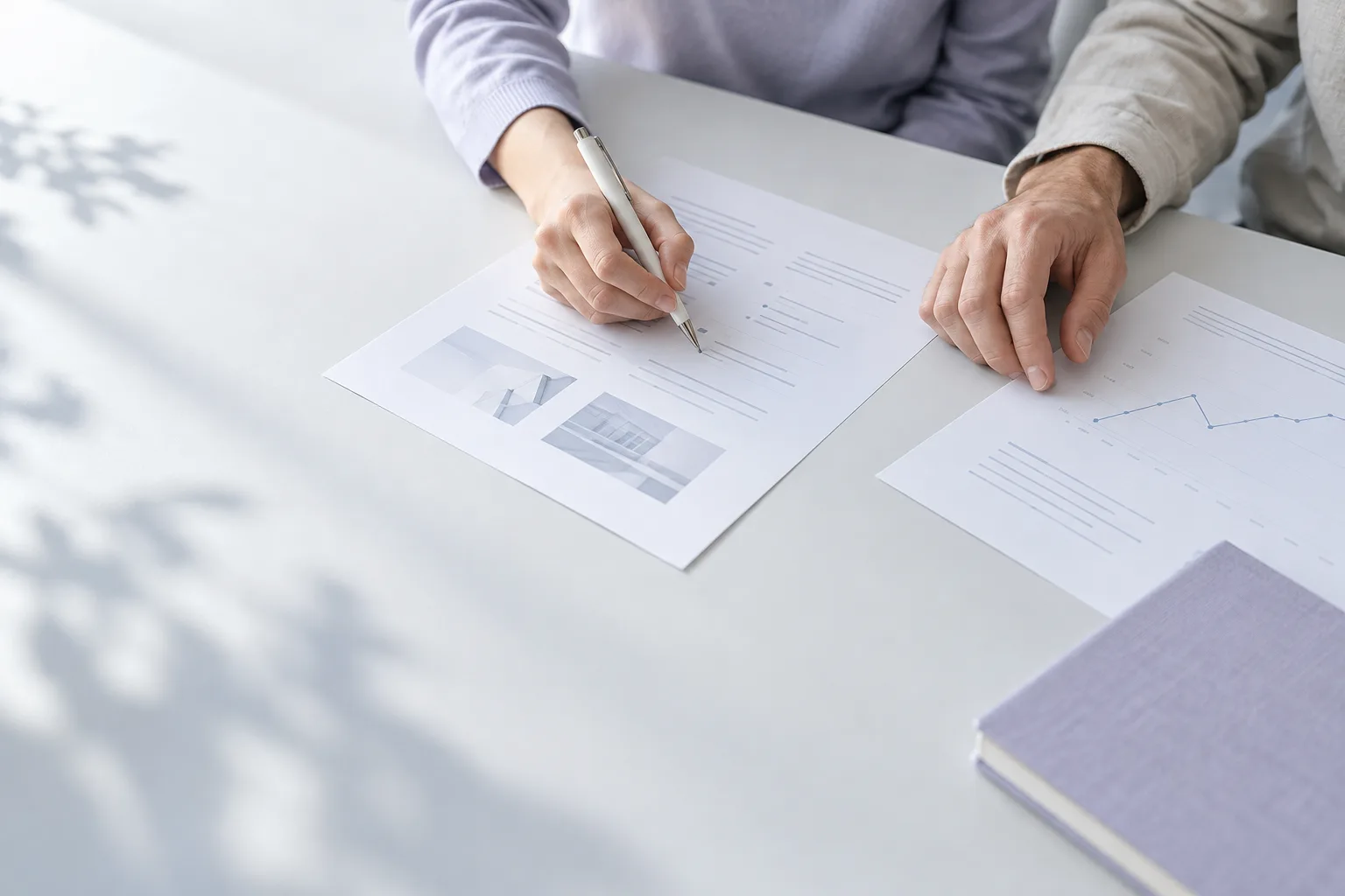Two colleagues’ hands at a desk, one marking up a printed brief with a pen.